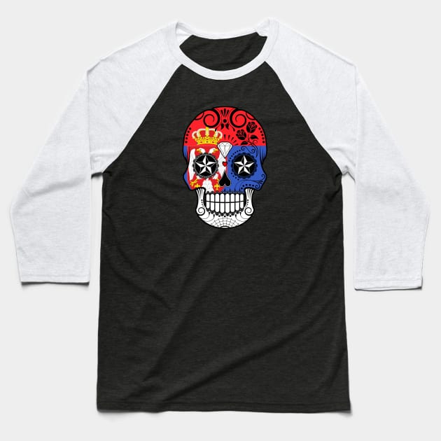 Serbian Flag Sugar Skull with Roses Baseball T-Shirt by jeffbartels